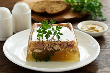 Homemade meat jelly with mustard. Selective focus