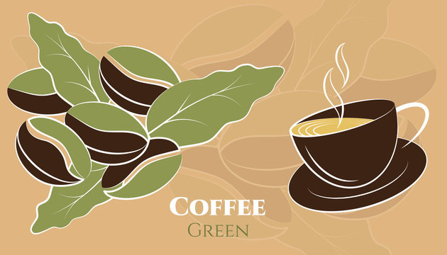 Coffee beans. Composition cup of hot coffee on saucer and green coffee beans with leaves. Design on beige background. Vector illustration