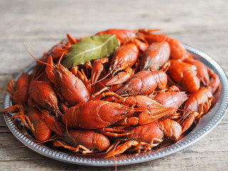 red crayfish on a plate on a wooden background