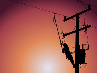 Silhouette of power lineman closing a single phase transformer on energized high-voltage electric power lines.
