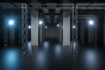 Cement and reinforcement with projector lamps in the dark room, 3d rendering.