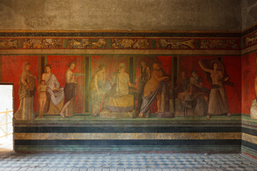 Fresco covers walls of villa of the mysteries in Pompeii (Pompei).