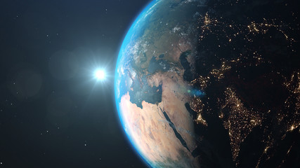 World and sun realistic 3D rendering. Shiny sunlight over Planet Earth, cosmos, atmosphere. Shot...