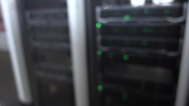 Blurred Server Rack. Blink Rack Rows Supercomputer