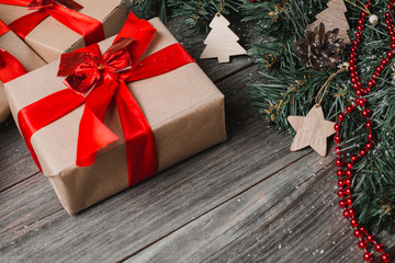 Christmas Presents Set On Rustic Wooden Surface