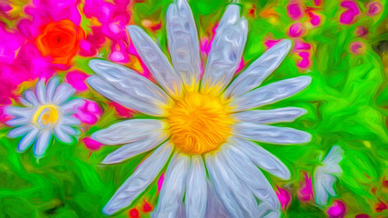 Chamomile flowers are painted in different colors for the background