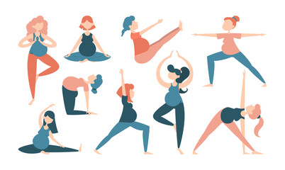 Fototapeta na wymiar Collection of pregnant woman doing yoga exercise.