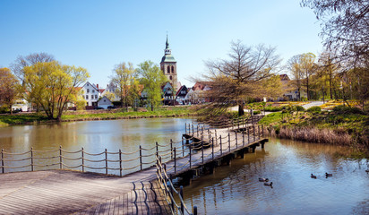 View from the park on the Historic centre of Wiedenbrück with the Church of St. Aegidius, Rheda-Wiedenbrück, East Westphalia-Lippe, North Rhine-Westphalia, Germany