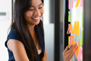 Asian worker preparing boardroom attaching sticky coloured reminders on glass