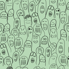Funny faces, emojis, faces expression, cartoon character seamless repeated pattern on green background.