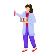 Science student in lab coat flat vector illustration. Girl studies medicine, chemistry. Practical lessons at university. Female scientist with test tubes isolated cartoon character on white background