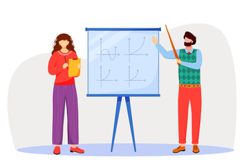 Teacher explains math graphs on whiteboard flat vector illustration. Studying process at university, school. Learning mathematics. Professor and student isolated cartoon characters on white background