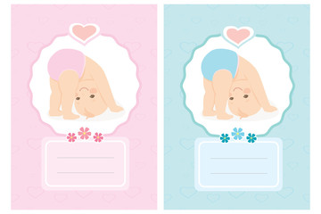 Cartoon newborn baby card. Cute background,baby shower or greeting card template with funny little child