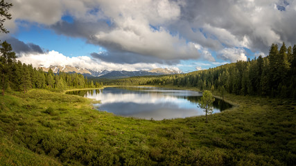 Panorama summer day in the Altai mountains with a lake, Russia,