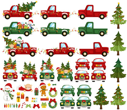 A Vector Set of Cute Colourful Christmas Truck with Lots of Christmas Characters and Items