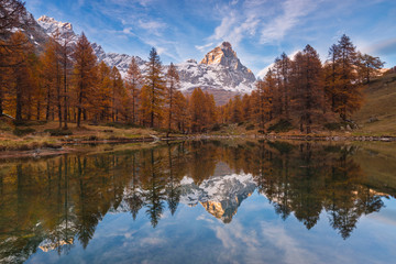 autumn sunset at the Blue Lake near Breuil-Cervinia, Aosta, Italy