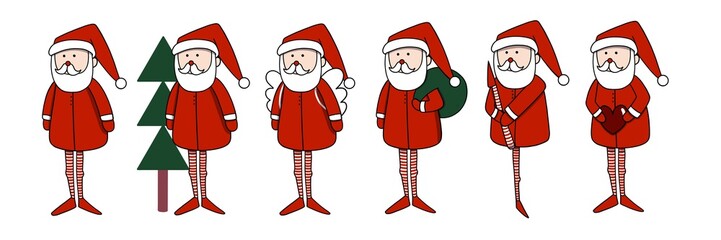Collection of Cute Christmas Santa Claus isolated. Christmas Set of Cheerful, funny Santa clause for winter holidays. Happy Santa Claus cartoon character ready new year