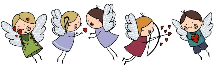Cute Baby Angels with Wings Set, Adorable Boys And Girls Cartoon Characters in Cupid or Cherub Costumes Raster Illustration