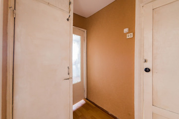 Russia, Moscow- July 23, 2019: interior room apartment. standard repair decoration in hostel. decrepit old careless not modern setting. cosmetic repairs required