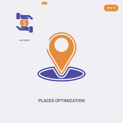 2 color Places optimization concept vector icon. isolated two color Places optimization vector sign symbol designed with blue and orange colors can be use for web, mobile and logo. eps 10.