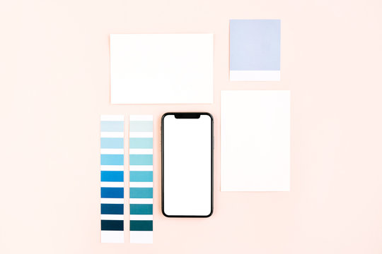 Smartphone mockup with fashion colour swatches. Color trend palette. .