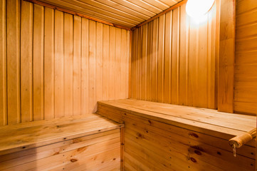 Fototapeta na wymiar Russia, Moscow- July 25, 2019: interior room apartment. standard repair decoration in hostel. bathhouse, sauna