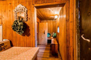 Russia, Moscow- July 25, 2019: interior room apartment. standard repair decoration in hostel. bathhouse, sauna