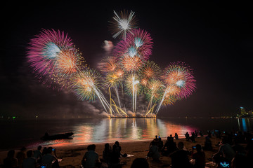 Colorful fireworks display over city on the beach. Firework celebration sparkling in midnight sky,...
