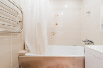 Russia, Moscow- July 25, 2019: interior room apartment. standard repair decoration in hostel. bathroom and toilet