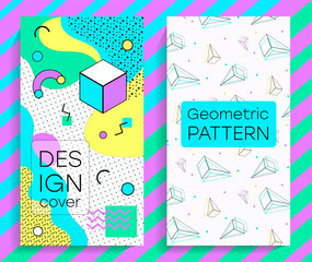 Fototapeta premium Memphis design, retro elements for web, vintage, advertising, commercial banner, poster, flyer, billboard, sale. Trendy vibrant vector geometric shapes. Seamless pattern in swatches.