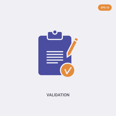 2 color validation concept vector icon. isolated two color validation vector sign symbol designed with blue and orange colors can be use for web, mobile and logo. eps 10.