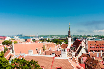 Old buildings at the Old Town, harbor and downtown in Tallinn, Estonia, viewed from above on a...