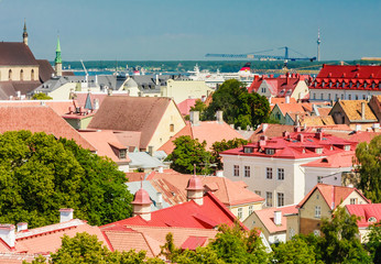 Old buildings at the Old Town, harbor and downtown in Tallinn, Estonia, viewed from above on a...
