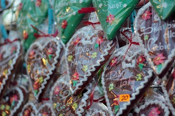 Fototapeta premium Gingerbread hearts displayed on a Christmas Market in Poland. 