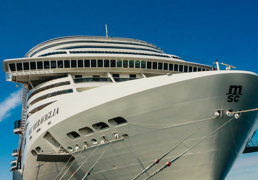 Close-up of luxury cruise liner MSC Meraviglia, the name of the ship is written on the starboard side