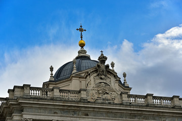 Fototapeta na wymiar Madrid Royal Palace, Coat of arms on top of palace, Spain
