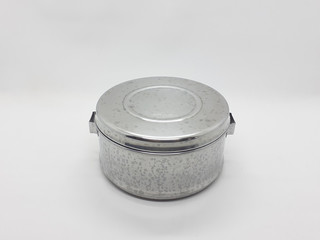 Indonesian Asia Metallic Silver Stainless Steel Food Hamper Cascading Container Rack with Comfortable Handle in White Isolated Background