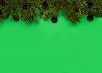 Fototapeta na wymiar Christmas composition. The border is made of pine branches and cones on a green background. Christmas, winter, New year.
