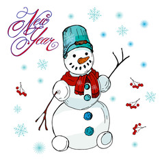 Snowmen, snowflakes and inscription Merry Christmas, color  isolated illustration on white background