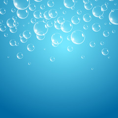 Soap bubbles background, vector illustration. Set of clean water, soap, gas or air bubbles with reflection on blue gradient background. Realistic underwater.