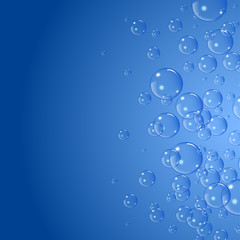 Soap bubbles background, vector illustration. Set of clean water, soap, gas or air bubbles with reflection on blue gradient background. Realistic underwater.