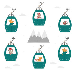 Vector mountains and funicular cable cars with funny animals inside. Cute winter activity Illustration for kids.