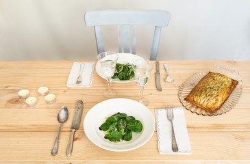 Table served for romantic dinner in Scandinavian style. Food styling,
