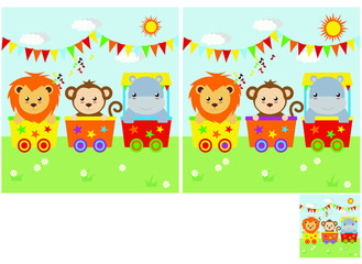 Children's puzzles, find 10 differences. Educational game for children. circus animals go by train