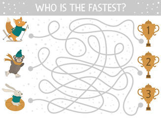 Winter maze for children. Preschool Christmas activity. New Year puzzle game with cute animals with skates, tube, skis. Who is faster to get to the cup..