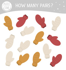 Find two same mittens. Winter matching activity for preschool children. Funny game for kids with clothes. Logical quiz worksheet..