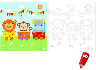Coloring pages for children. Children's puzzles. Educational game for children. circus animals ride by train