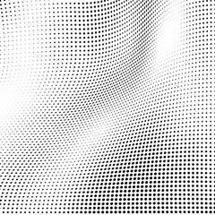 Abstract wave of halftone texture. Chaotic background of black dots on a white field. Template for printing on wrapping paper