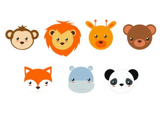 vector illustration of baby cartoon animals (monkey, lion, giraffe, hippo, panda, fox)