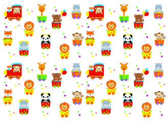 background with cartoon circus animal heads (panda, lion, giraffe, bear, monkey, fox, hippopotamus)